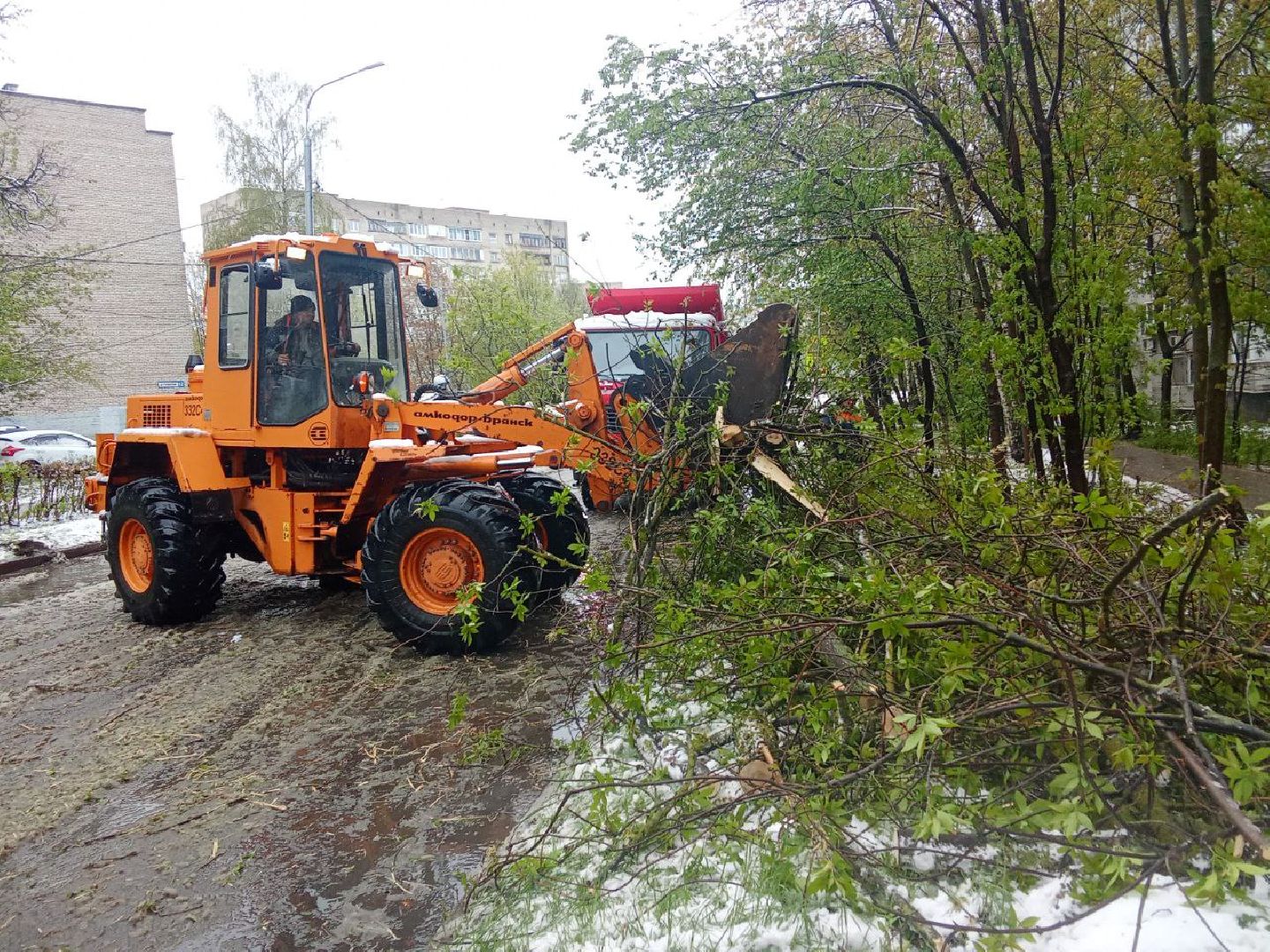 последствия снегопада, ивантеевка, упавшие деревья, коммунальная служба, коммунальная техника, подтопление территории,