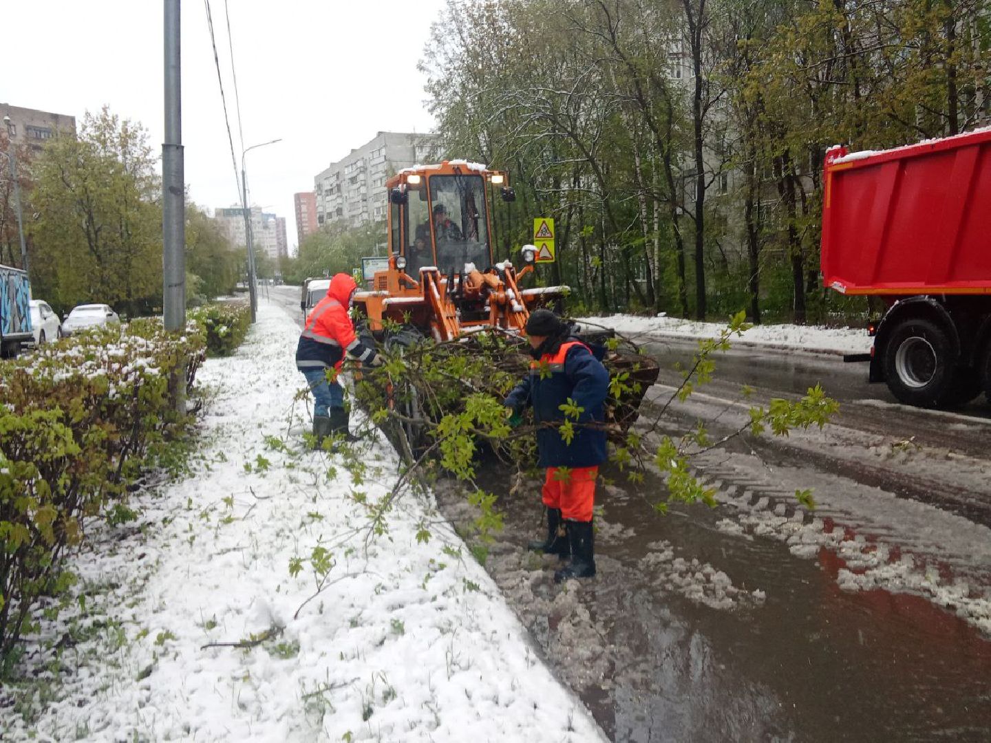 последствия снегопада, ивантеевка, упавшие деревья, коммунальная служба, коммунальная техника, подтопление территории,