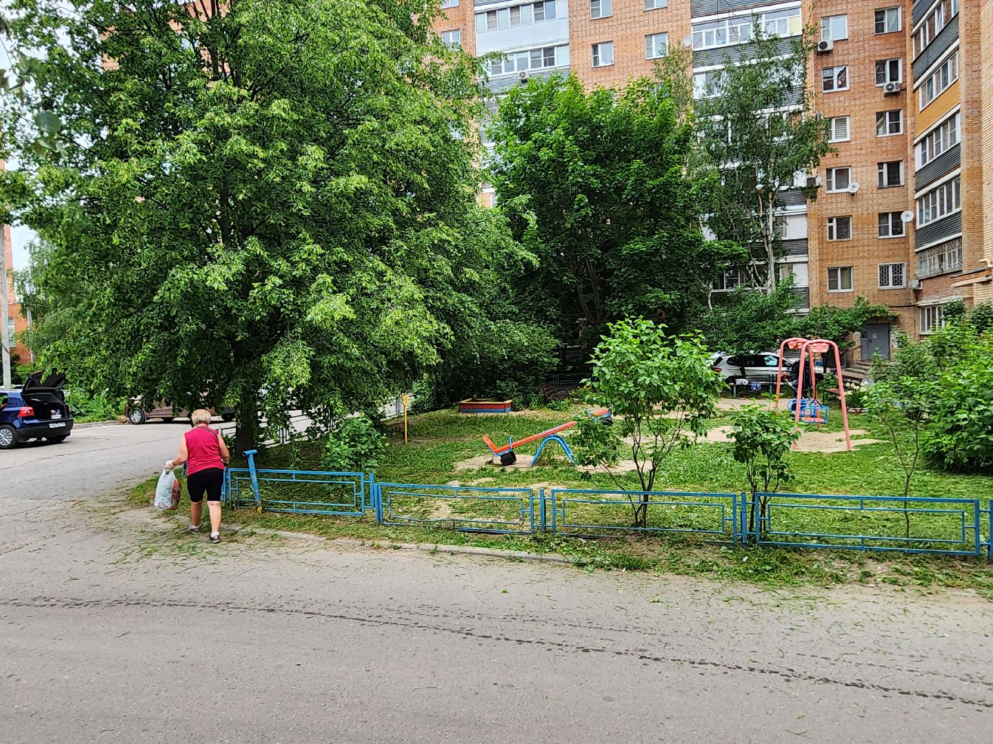 чехов, улица чехова 4,  детская  площадка, придомовая территория, покос травы, уборка мусора, мбу чеховское благоустройство, газон, газонокосилка,