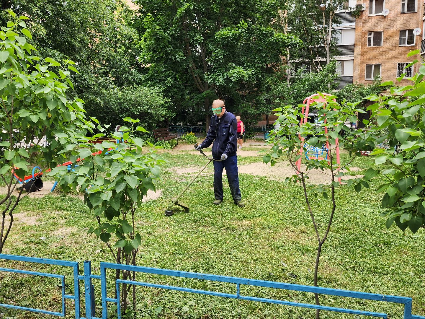 чехов, улица чехова 4,  детская  площадка, придомовая территория, покос травы, уборка мусора, мбу чеховское благоустройство, газон, газонокосилка,