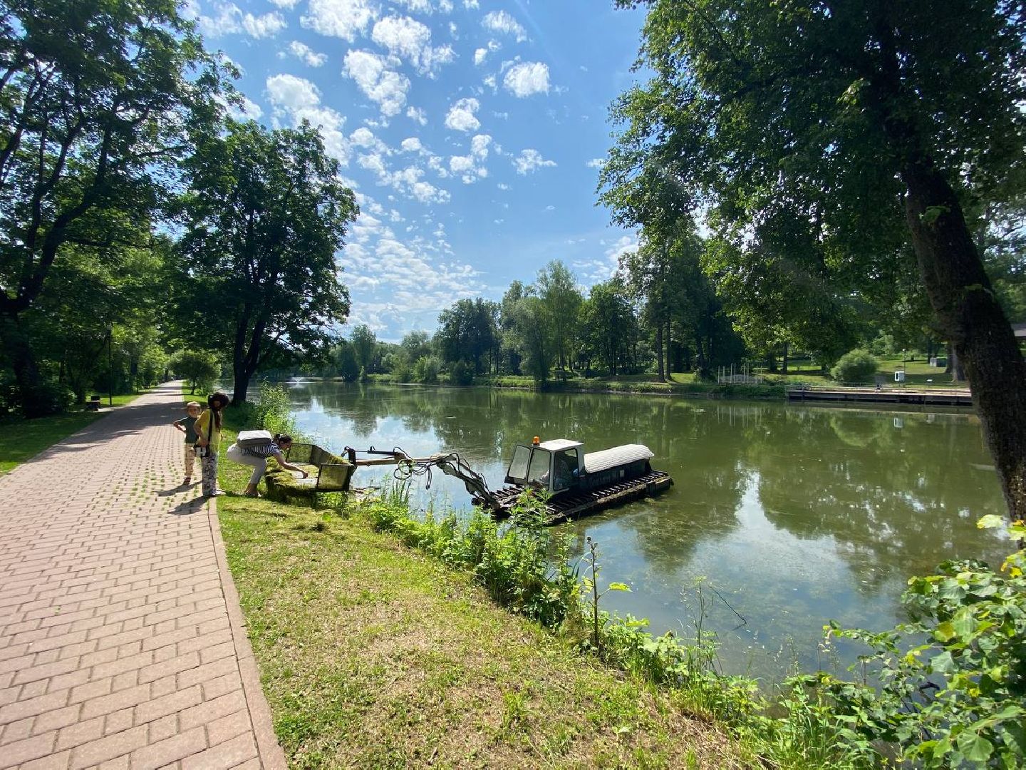 чехов, улица пушкина, городской парк, большой пруд, очистка пруда, очистка водоема, земснаряд боцман-м, уборка мусора и тины, удаление сухостоя, удаление аварийных деревьев, экология,