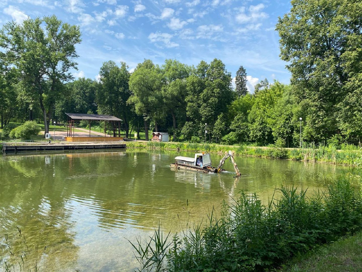 чехов, улица пушкина, городской парк, большой пруд, очистка пруда, очистка водоема, земснаряд боцман-м, уборка мусора и тины, удаление сухостоя, удаление аварийных деревьев, экология,