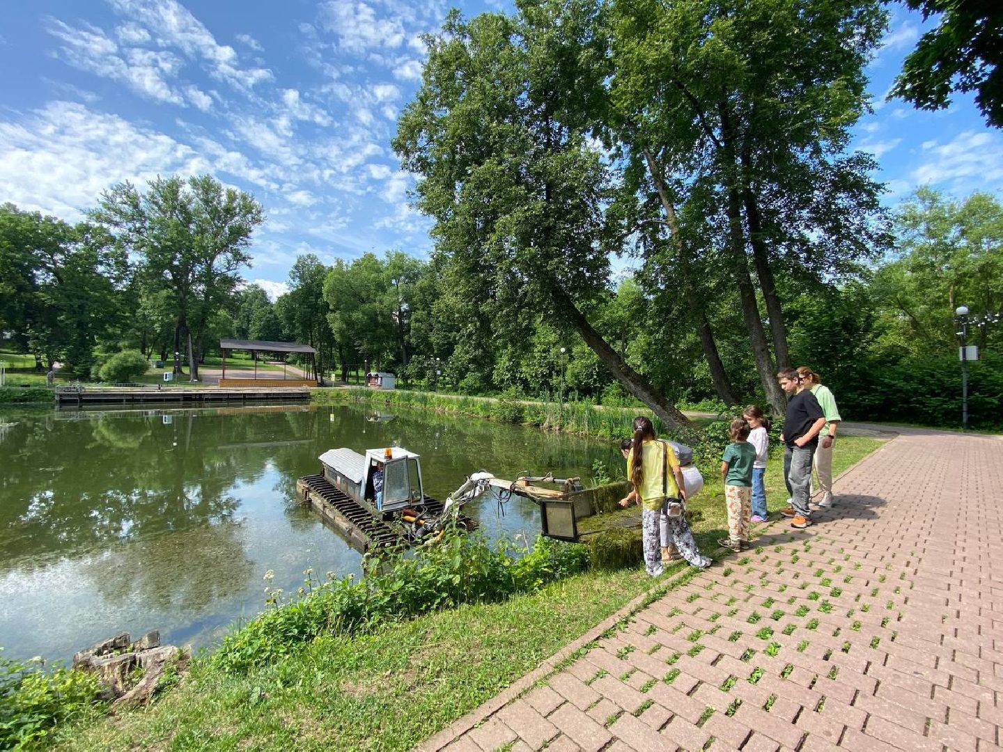 чехов, улица пушкина, городской парк, большой пруд, очистка пруда, очистка водоема, земснаряд боцман-м, уборка мусора и тины, удаление сухостоя, удаление аварийных деревьев, экология,