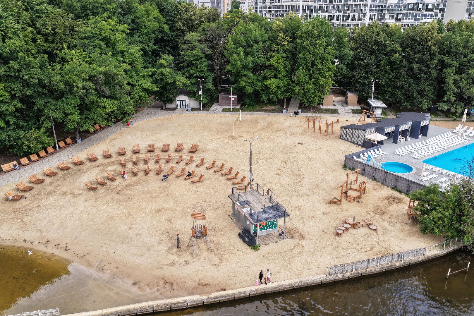 видео с коптера, пляжная зона в химках, парк имени льва толстого, лето в подмосковье,