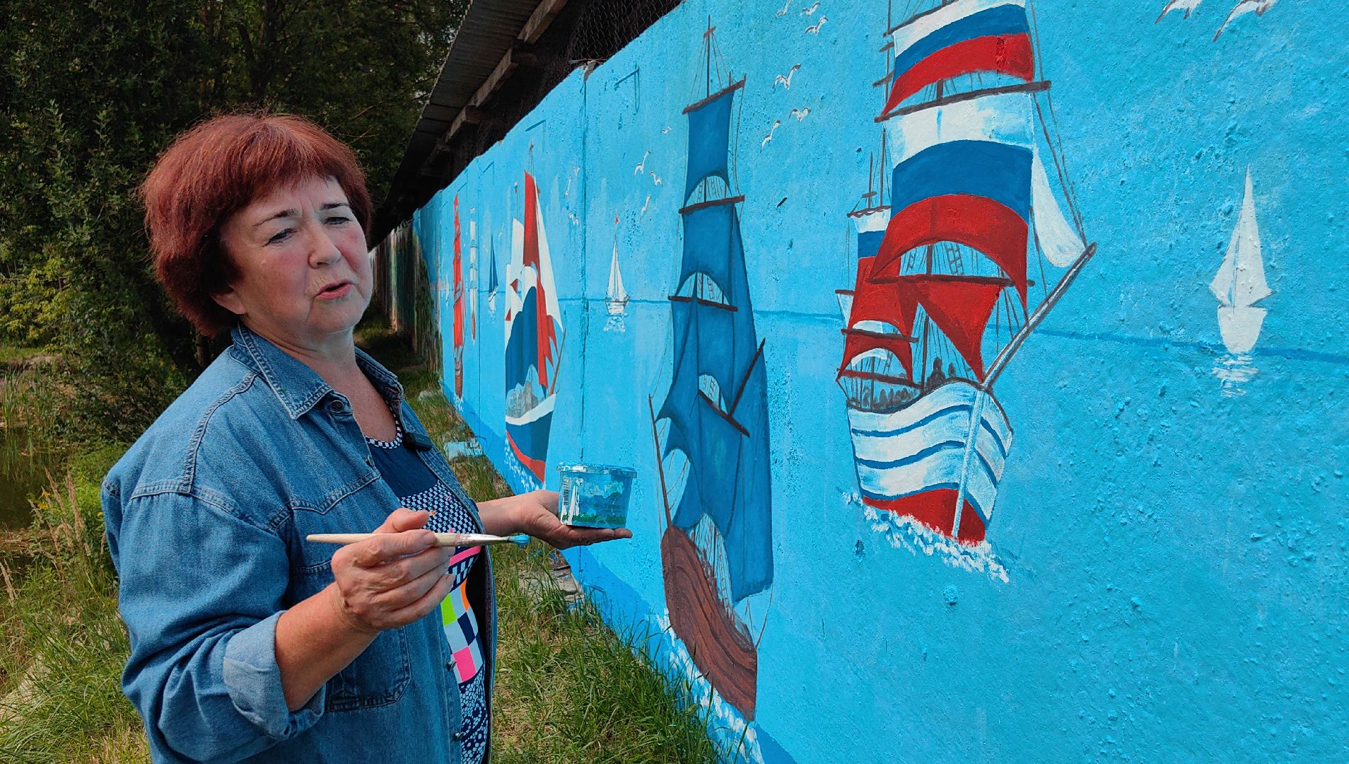 пруд, роспись, парусник, корабль, крым, триколор, художница,