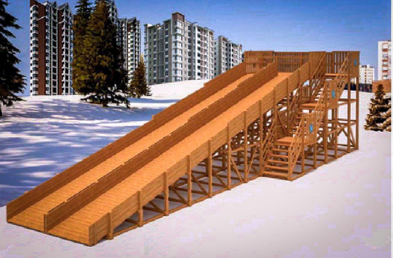 парк бронницкий луг , новая зимняя горка, горка для катания на тюбингах в бронницах, строительство зимней горки,