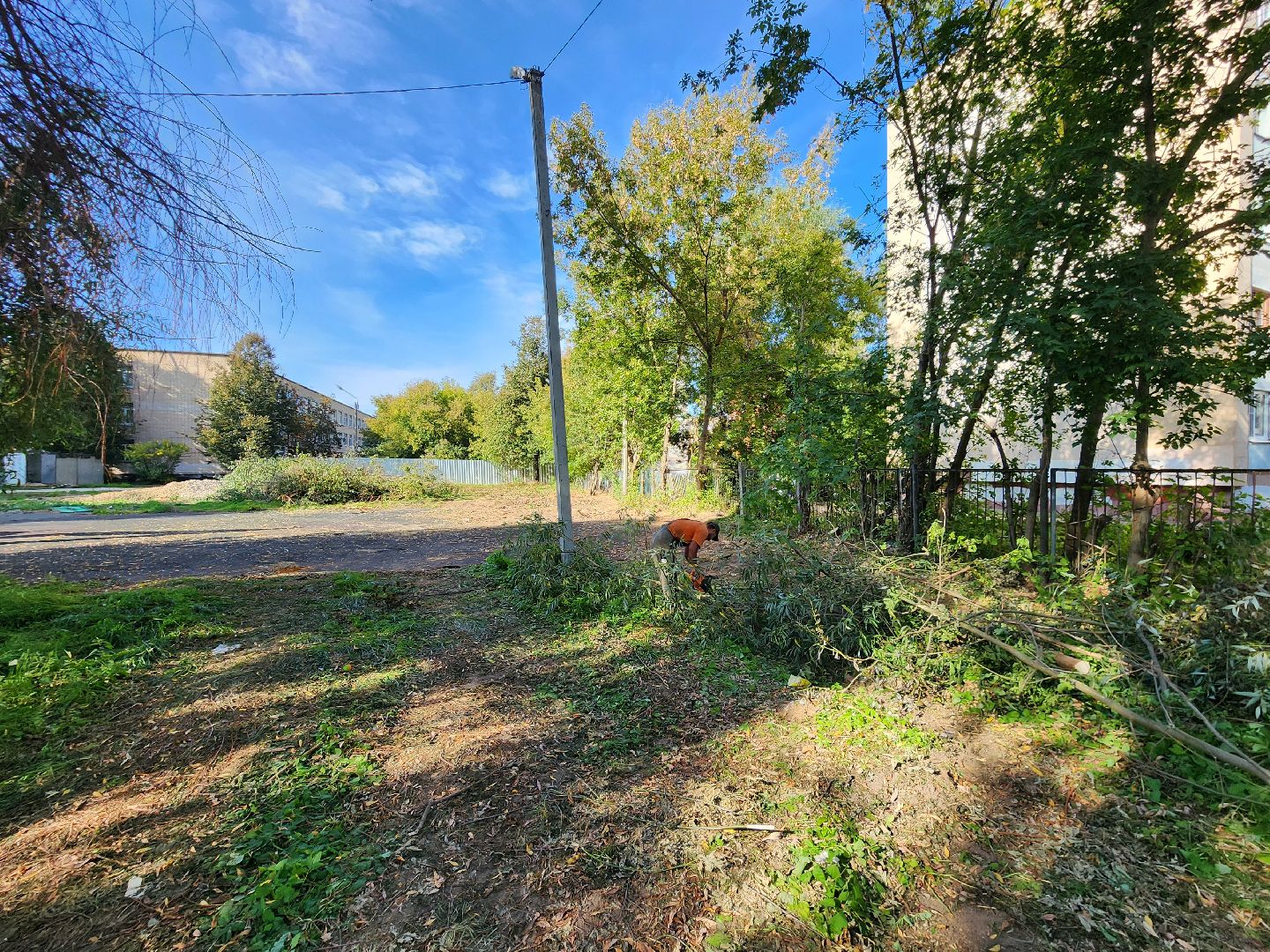 чехов, улица чехова 8а, гимназия 2, пристройка на 550 мест, строительство, начало работ, опиловка деревьев, удаление аварийных деревьев, удаление сухостоя, установка новых ограждений, планировка, строительный городок, завоз материалов, спецтехника, госпрограмма московской области, губернатор подмосковья, устранение второй смены, новый корпус,