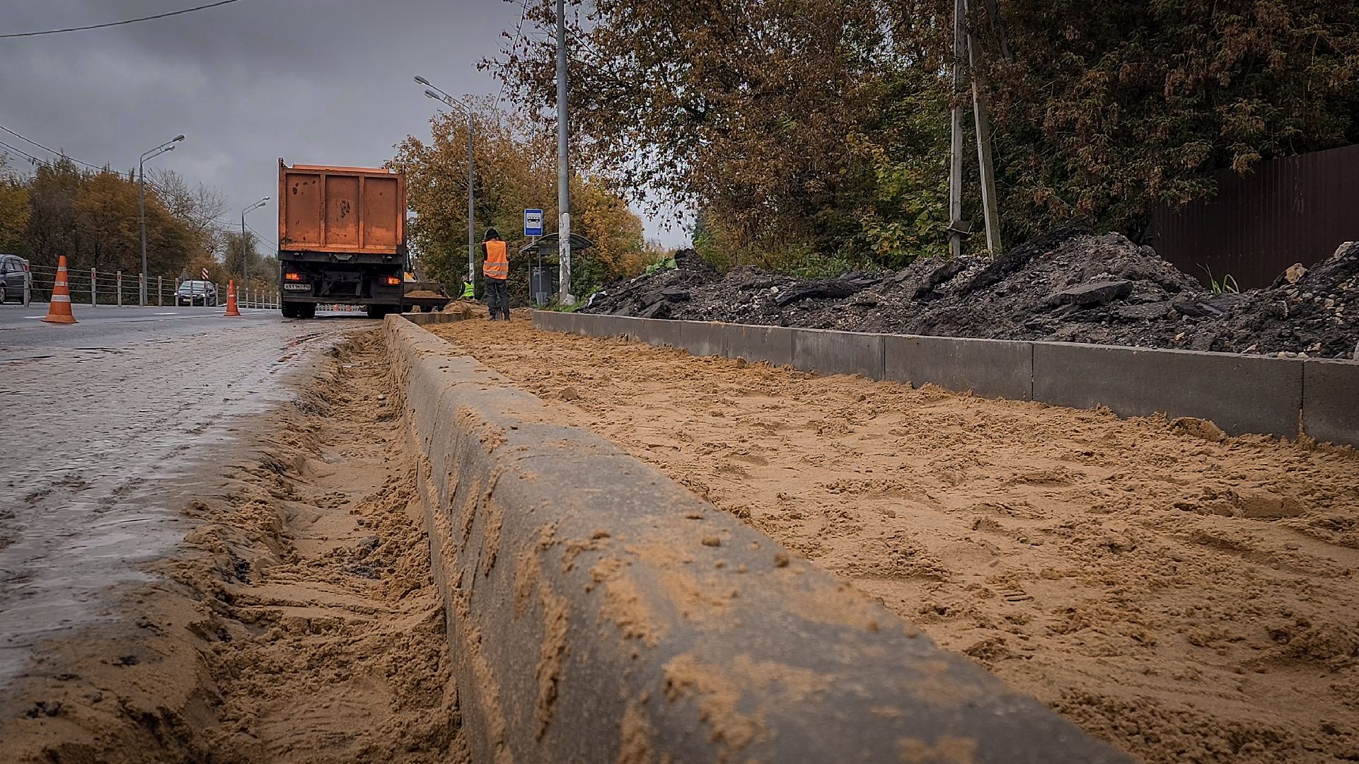 строительство тротуара в кривцах, новый тротуар в кривцах, пешеходная дорожка, раменскмй округ,
