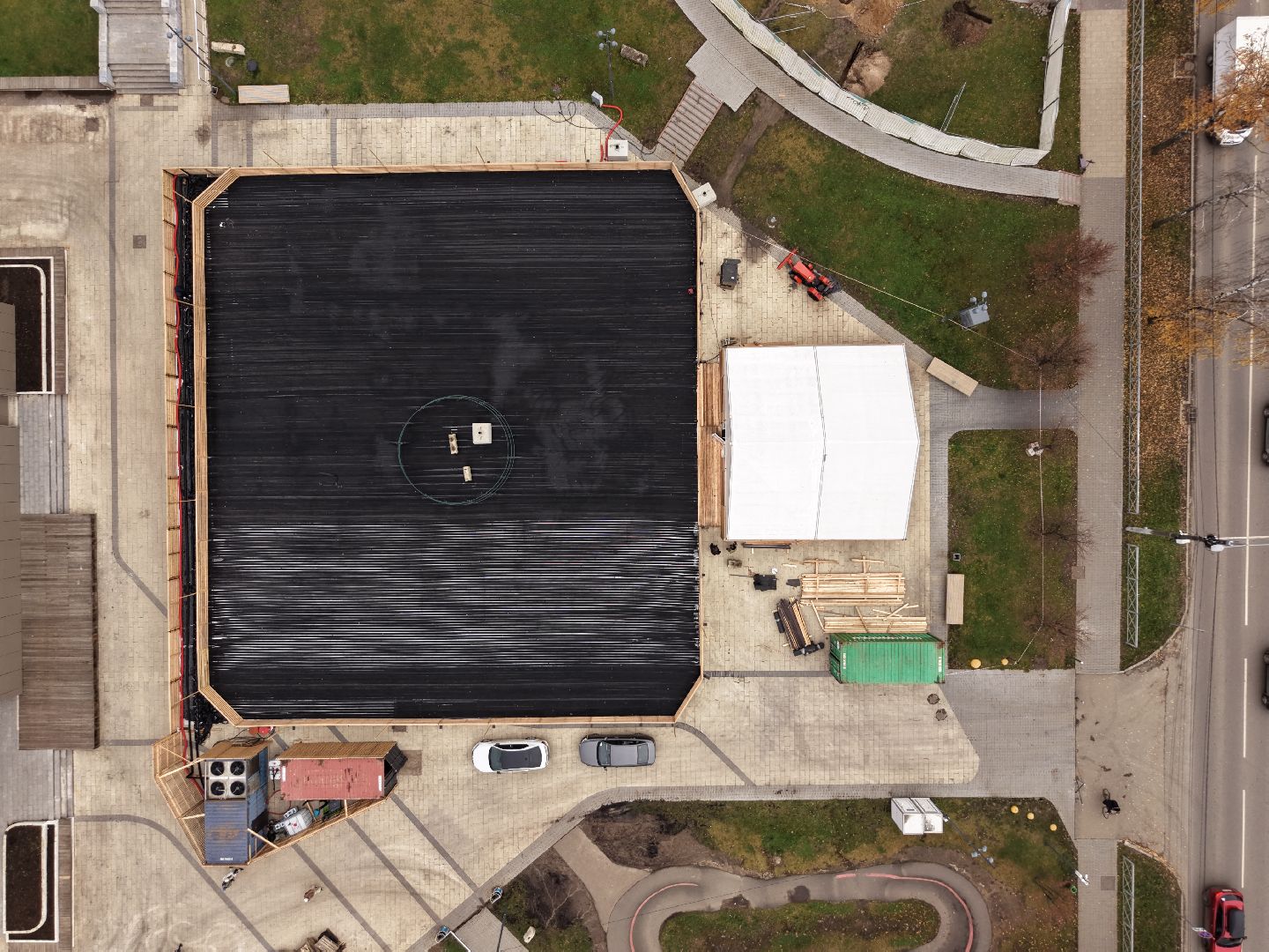 видео с коптера, каток в видном, зима в подмосковье,