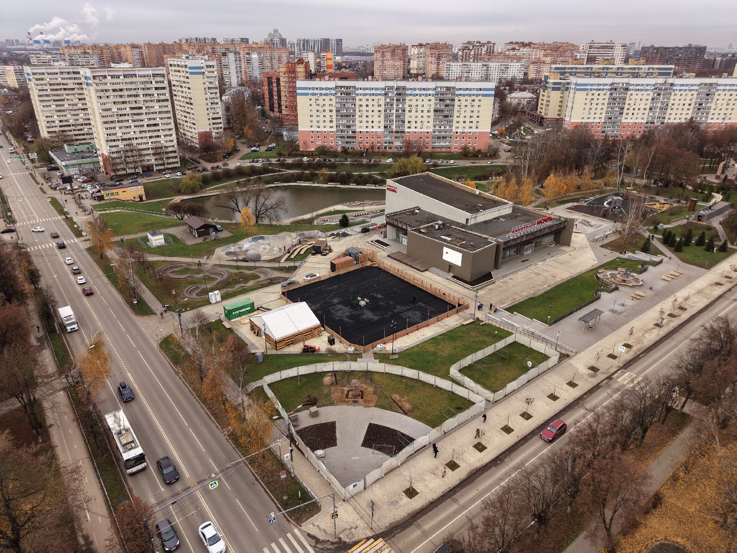 видео с коптера, каток в видном, зима в подмосковье,