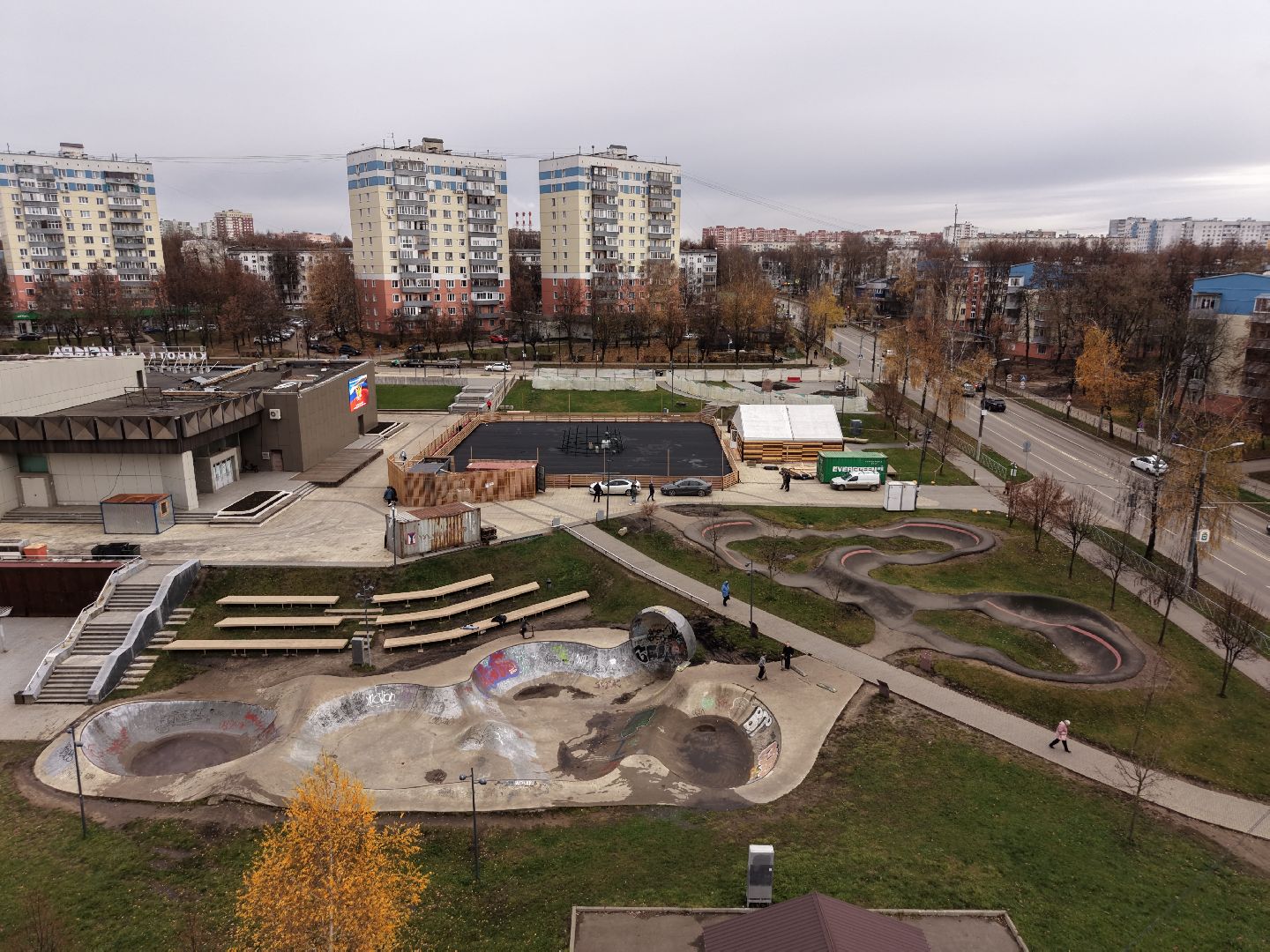 видео с коптера, каток в видном, зима в подмосковье,