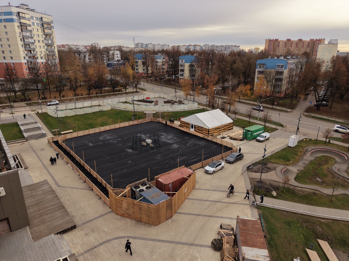 видео с коптера, каток в видном, зима в подмосковье,