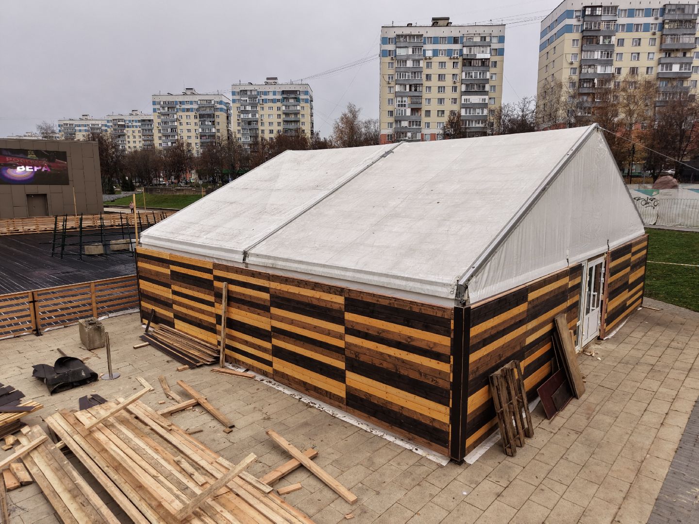 видео с коптера, каток в видном, зима в подмосковье,