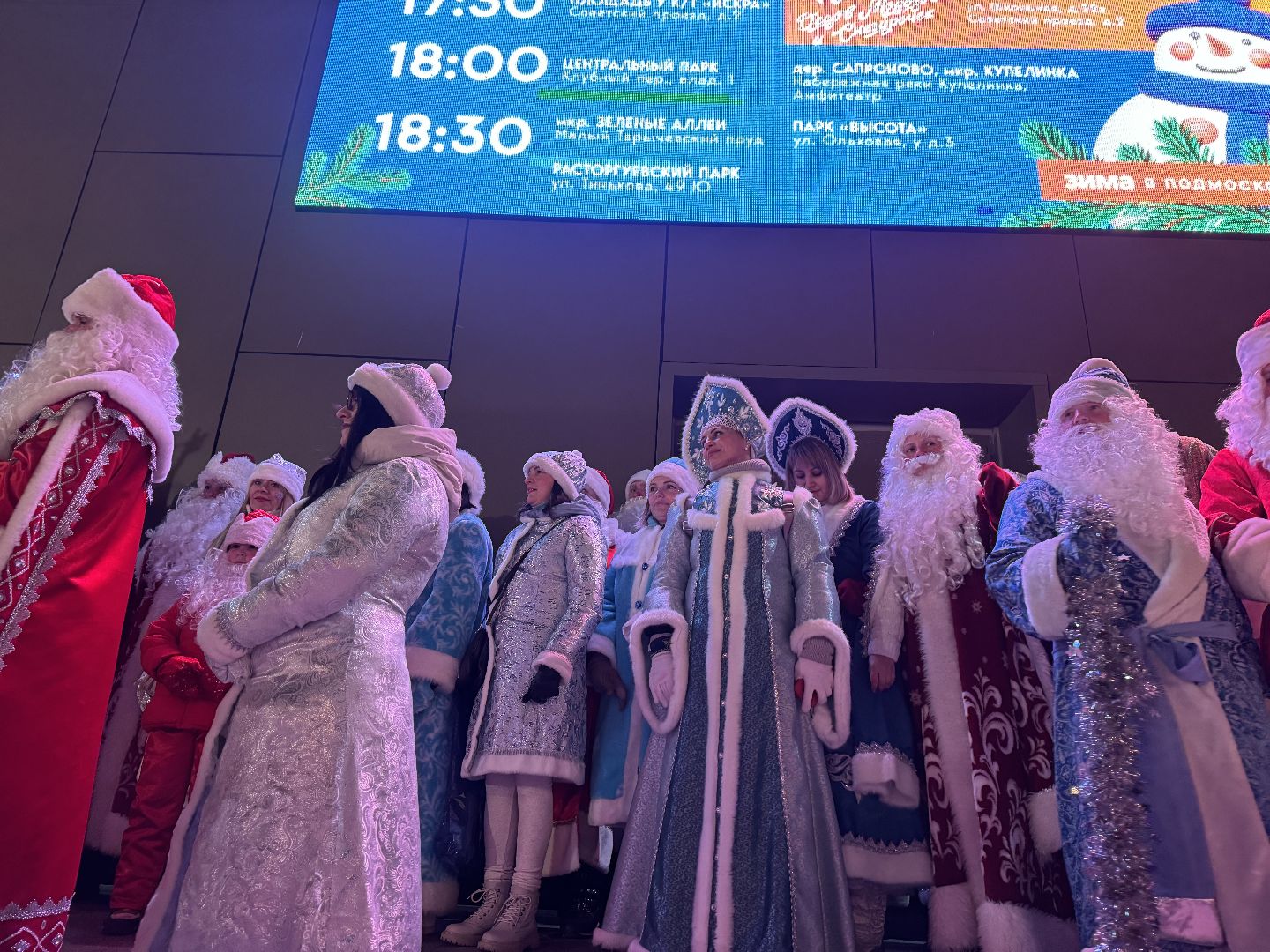 зима в подмосковье, парад дедов морозов, снегурочки, ленинский городской округ, зажгли елку,