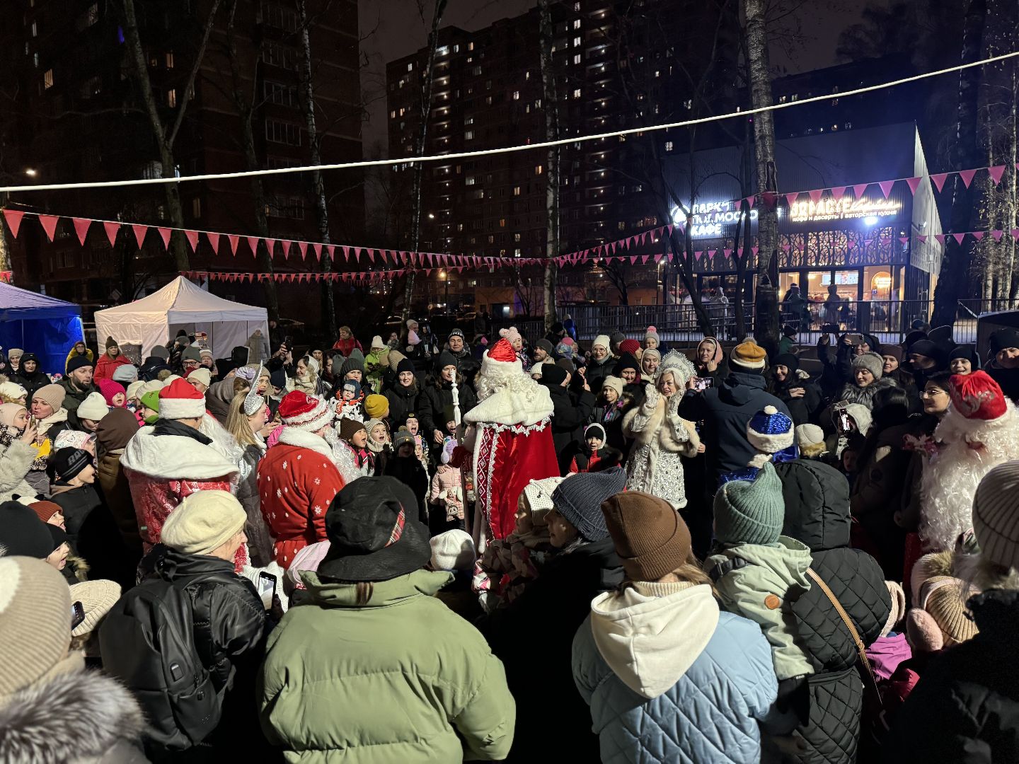 зима в подмосковье, ленинский округ, резиденция деда мороза, зажгли елку,