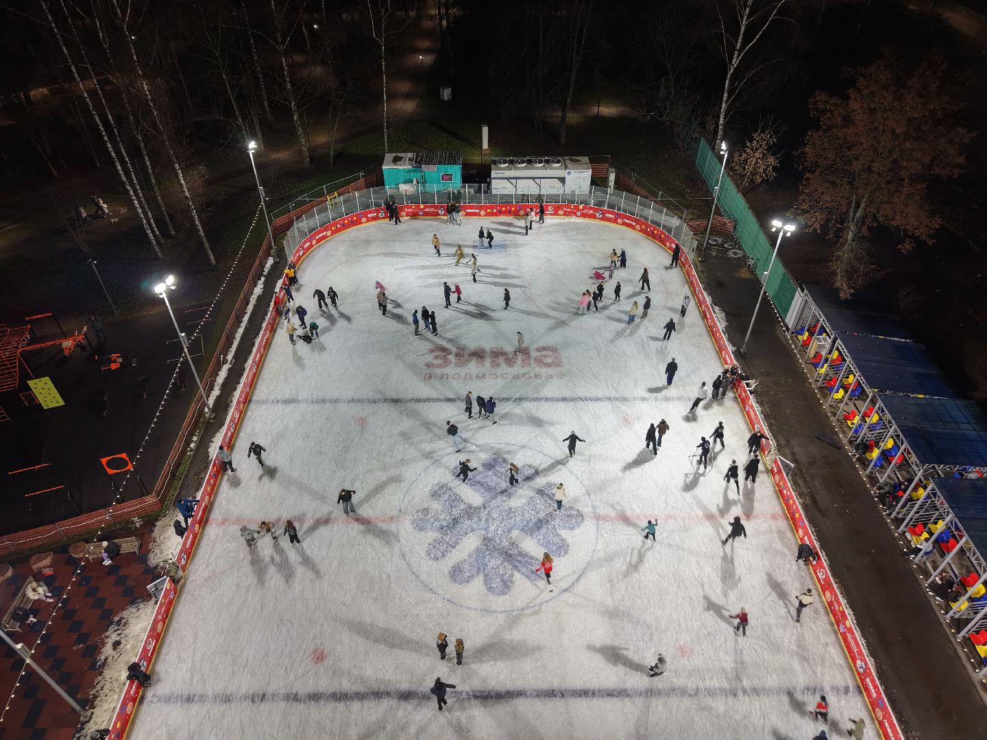 видео с коптера, каток в люберцах, зима в  подмосковье, наташинский парк,