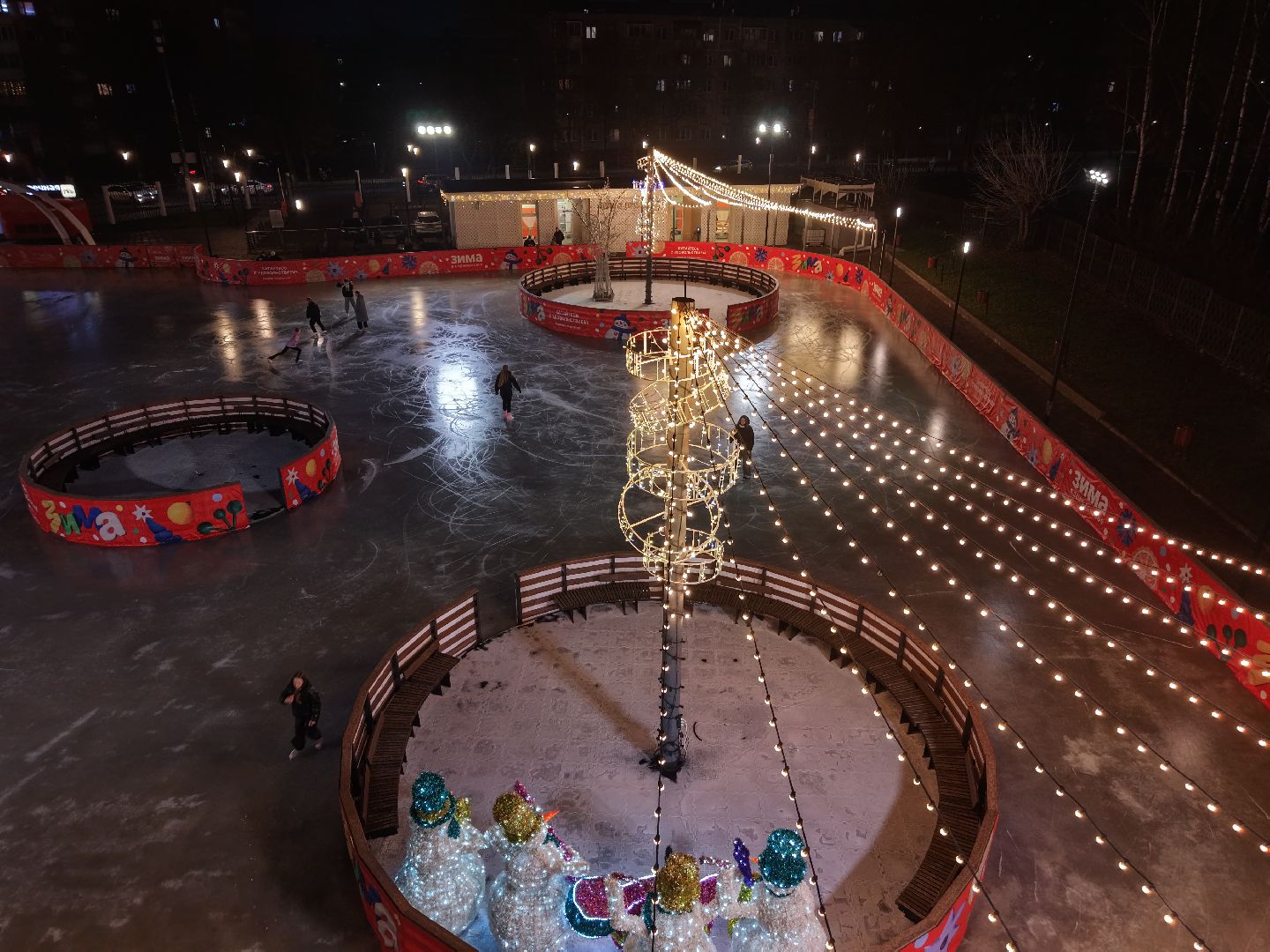видео с коптера, каток в парке Талалихина, зима в  подмосковье, каток в подольске,