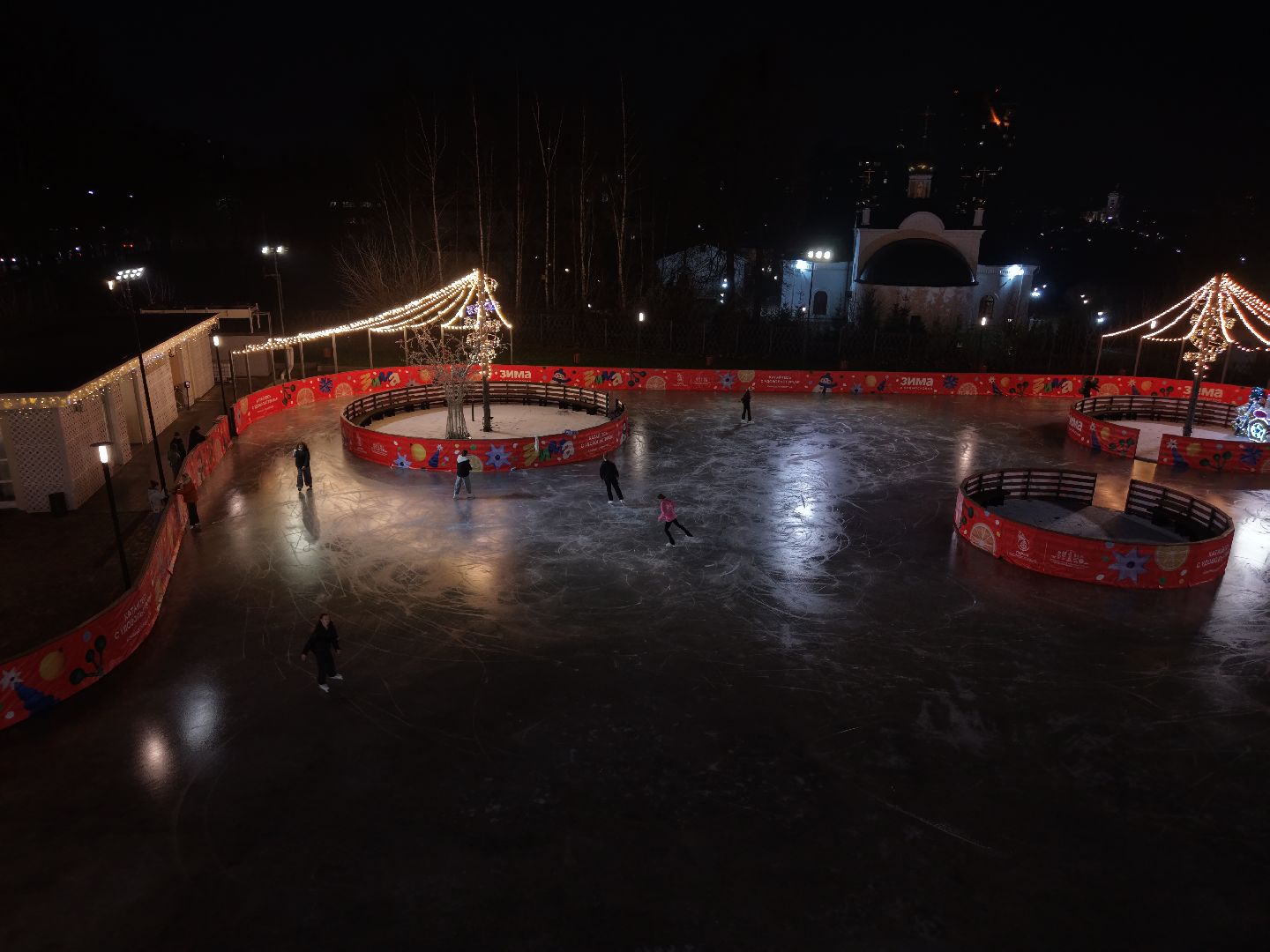 видео с коптера, каток в парке Талалихина, зима в  подмосковье, каток в подольске,