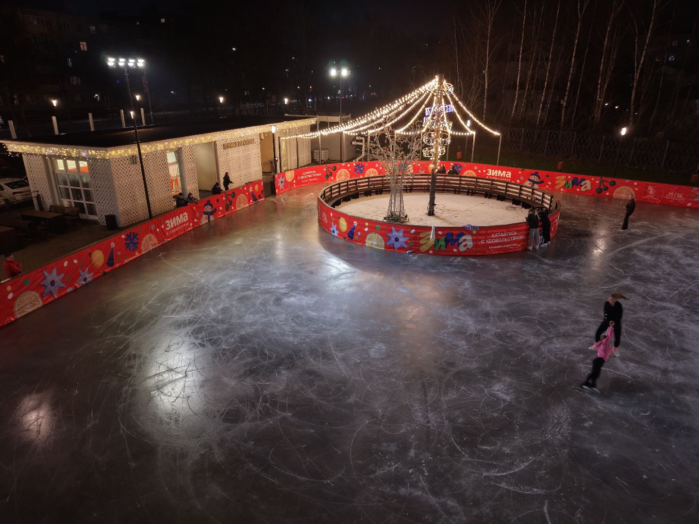 видео с коптера, каток в парке Талалихина, зима в  подмосковье, каток в подольске,