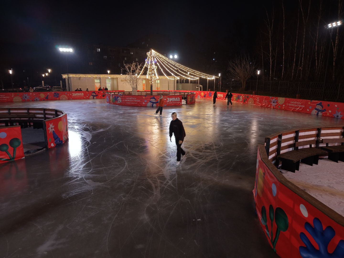 видео с коптера, каток в парке Талалихина, зима в  подмосковье, каток в подольске,
